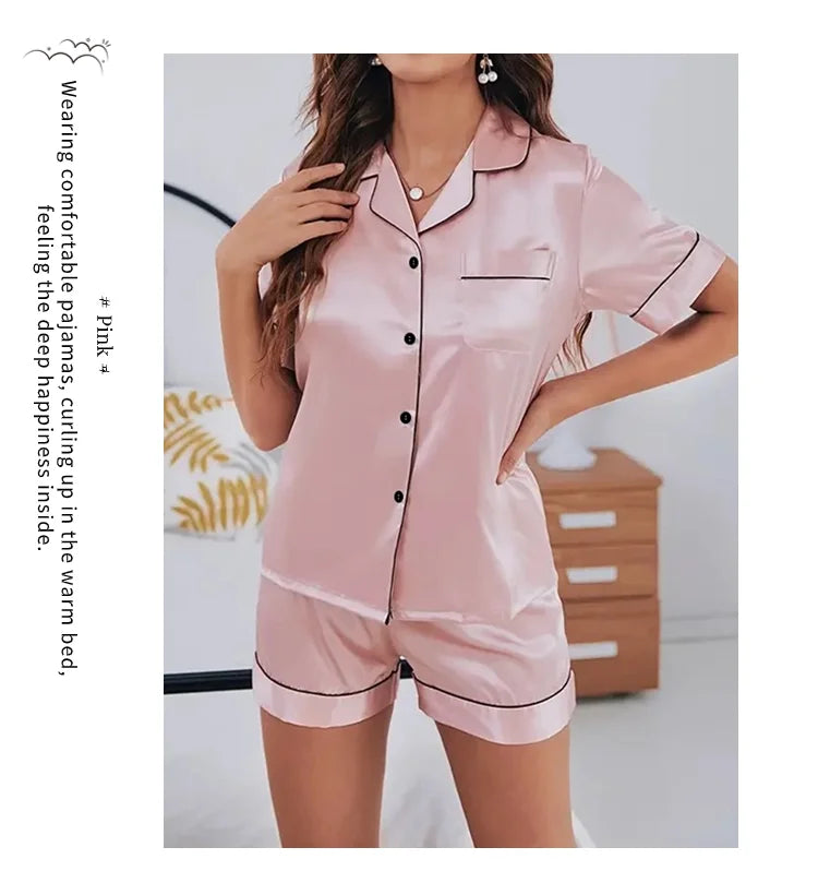 Conjunto de Pijamas de Seda de Cetim 2 peças com Colarinho Entalhado